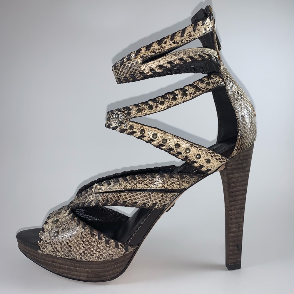 BCBG Maxazria Sneak Skin Leather Strap Heels - 7.5